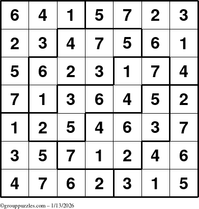 The grouppuzzles.com Answer grid for the Sudoku-7 puzzle for Tuesday January 13, 2026