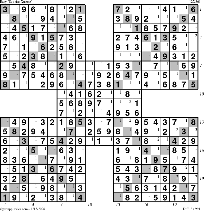 The grouppuzzles.com Easy Sudoku-Xtreme puzzle for Tuesday January 13, 2026, suitable for printing, with all 3 steps marked