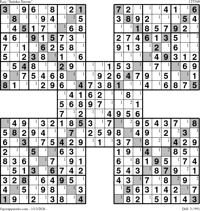 The grouppuzzles.com Easy Sudoku-Xtreme puzzle for Tuesday January 13, 2026 with the first 3 steps marked