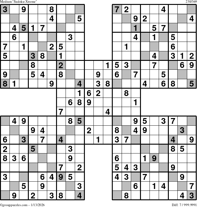 The grouppuzzles.com Medium Sudoku-Xtreme puzzle for Tuesday January 13, 2026