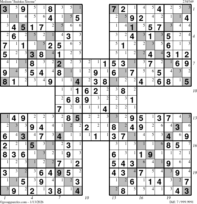 The grouppuzzles.com Medium Sudoku-Xtreme puzzle for Tuesday January 13, 2026, suitable for printing, with all 7 steps marked