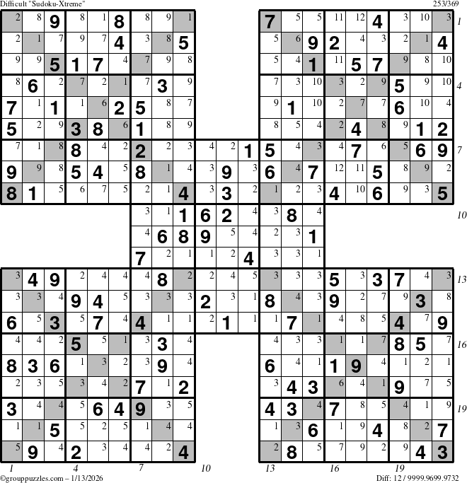 The grouppuzzles.com Difficult Sudoku-Xtreme puzzle for Tuesday January 13, 2026 with all 12 steps marked