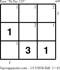 The grouppuzzles.com Easy TicTac-123 puzzle for Tuesday January 13, 2026 with all 2 steps marked