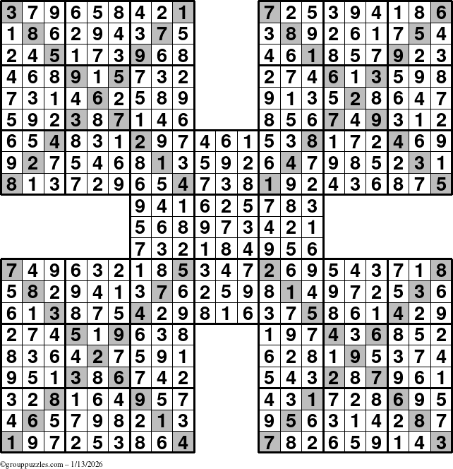 The grouppuzzles.com Answer grid for the Sudoku-Xtreme puzzle for Tuesday January 13, 2026