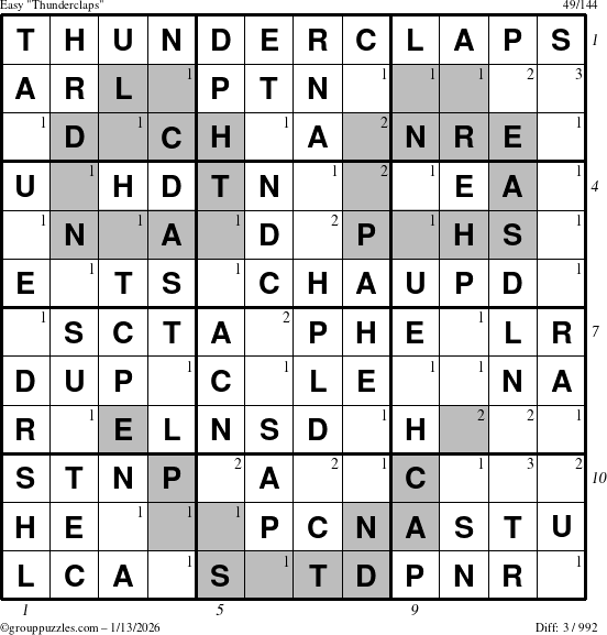 The grouppuzzles.com Easy Thunderclaps puzzle for Tuesday January 13, 2026, suitable for printing, with all 3 steps marked
