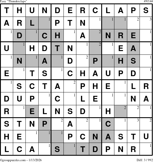 The grouppuzzles.com Easy Thunderclaps puzzle for Tuesday January 13, 2026 with the first 3 steps marked