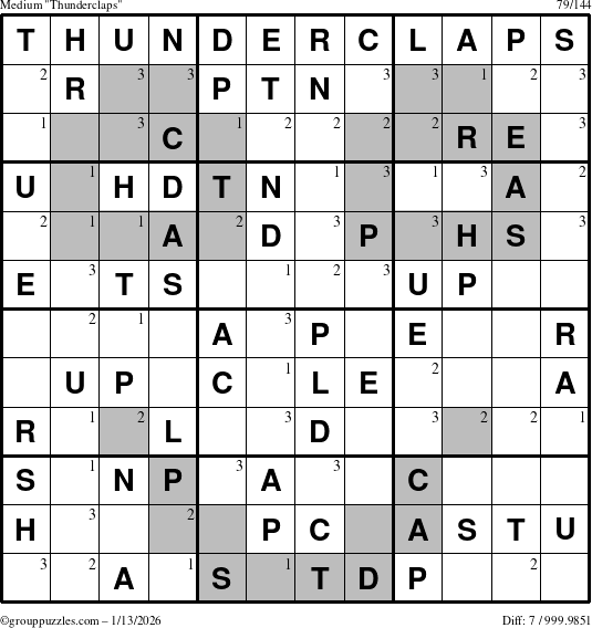The grouppuzzles.com Medium Thunderclaps puzzle for Tuesday January 13, 2026 with the first 3 steps marked