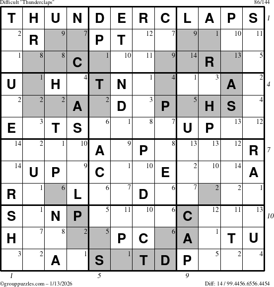 The grouppuzzles.com Difficult Thunderclaps puzzle for Tuesday January 13, 2026 with all 14 steps marked
