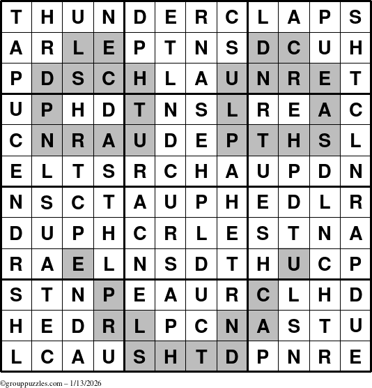 The grouppuzzles.com Answer grid for the Thunderclaps puzzle for Tuesday January 13, 2026