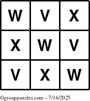 The grouppuzzles.com Answer grid for the TicTac-VWX puzzle for Wednesday July 16, 2025