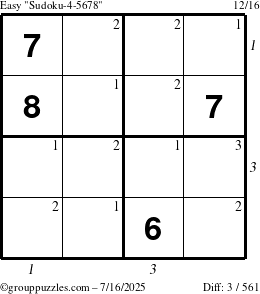 The grouppuzzles.com Easy Sudoku-4-5678 puzzle for Wednesday July 16, 2025, suitable for printing, with all 3 steps marked