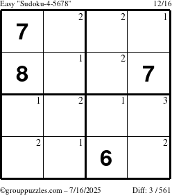 The grouppuzzles.com Easy Sudoku-4-5678 puzzle for Wednesday July 16, 2025 with the first 3 steps marked
