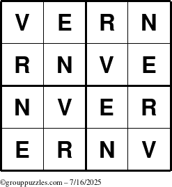 The grouppuzzles.com Answer grid for the Vern puzzle for Wednesday July 16, 2025