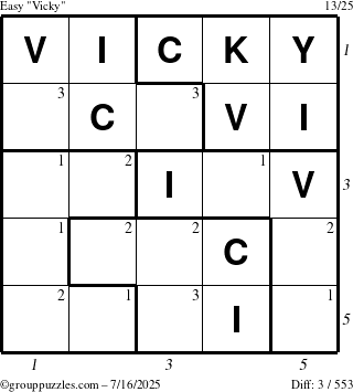 The grouppuzzles.com Easy Vicky puzzle for Wednesday July 16, 2025, suitable for printing, with all 3 steps marked