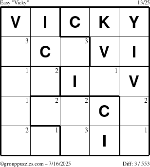 The grouppuzzles.com Easy Vicky puzzle for Wednesday July 16, 2025 with the first 3 steps marked