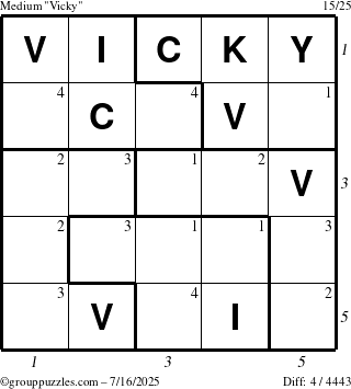 The grouppuzzles.com Medium Vicky puzzle for Wednesday July 16, 2025, suitable for printing, with all 4 steps marked
