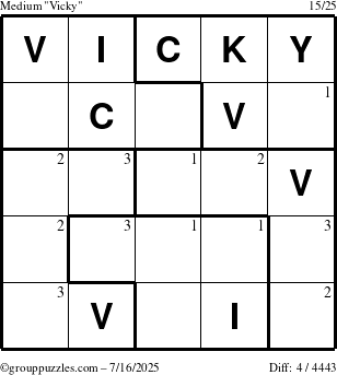 The grouppuzzles.com Medium Vicky puzzle for Wednesday July 16, 2025 with the first 3 steps marked