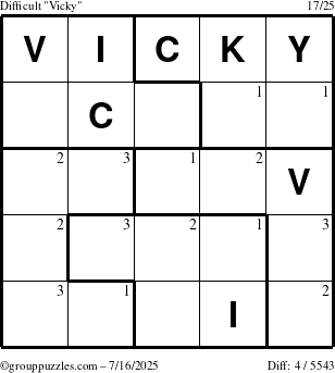 The grouppuzzles.com Difficult Vicky puzzle for Wednesday July 16, 2025 with the first 3 steps marked