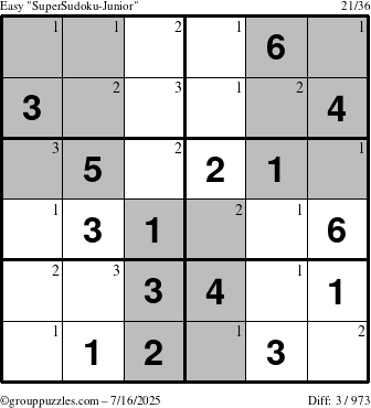 The grouppuzzles.com Easy SuperSudoku-Junior puzzle for Wednesday July 16, 2025 with the first 3 steps marked