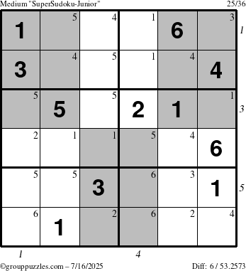 The grouppuzzles.com Medium SuperSudoku-Junior puzzle for Wednesday July 16, 2025, suitable for printing, with all 6 steps marked