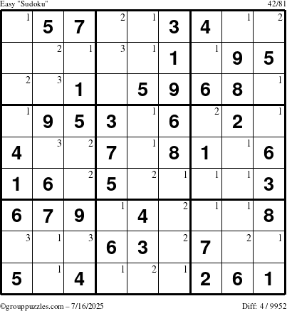 The grouppuzzles.com Easy Sudoku puzzle for Wednesday July 16, 2025 with the first 3 steps marked