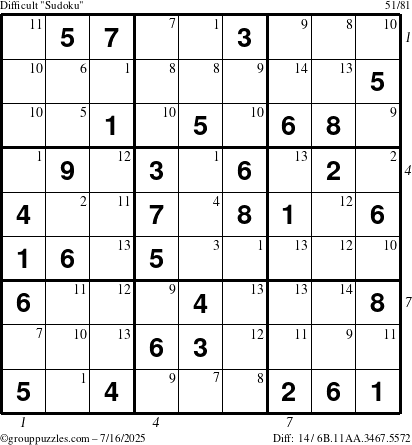 The grouppuzzles.com Difficult Sudoku puzzle for Wednesday July 16, 2025 with all 14 steps marked