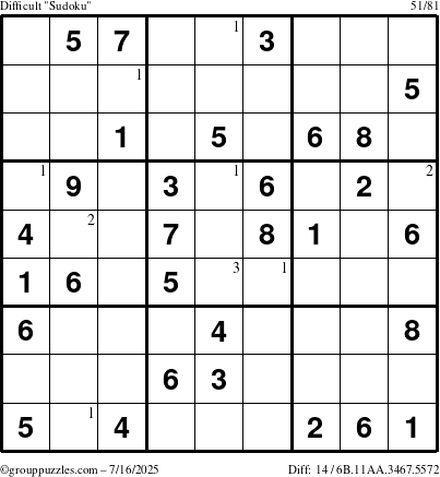 The grouppuzzles.com Difficult Sudoku puzzle for Wednesday July 16, 2025 with the first 3 steps marked