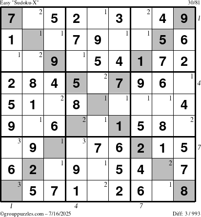 The grouppuzzles.com Easy Sudoku-X puzzle for Wednesday July 16, 2025, suitable for printing, with all 3 steps marked