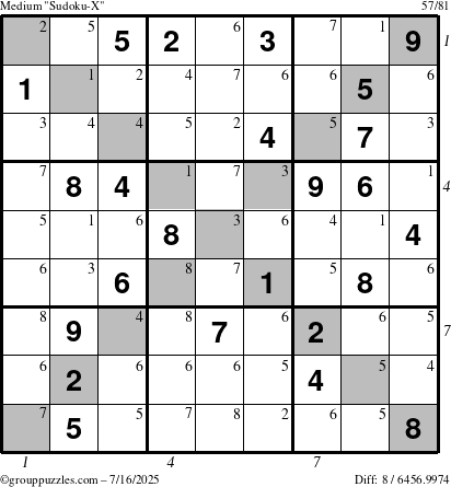 The grouppuzzles.com Medium Sudoku-X puzzle for Wednesday July 16, 2025, suitable for printing, with all 8 steps marked