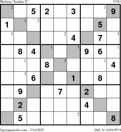 The grouppuzzles.com Medium Sudoku-X puzzle for Wednesday July 16, 2025 with the first 3 steps marked