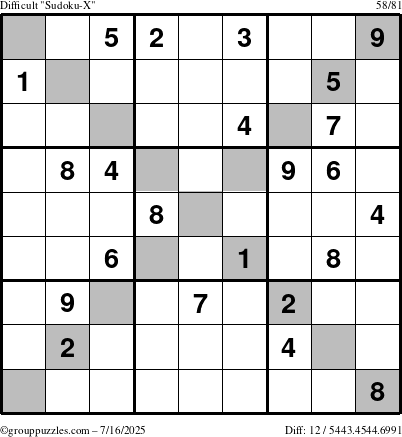 The grouppuzzles.com Difficult Sudoku-X puzzle for Wednesday July 16, 2025