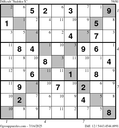 The grouppuzzles.com Difficult Sudoku-X puzzle for Wednesday July 16, 2025, suitable for printing, with all 12 steps marked