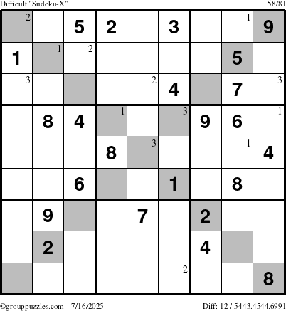 The grouppuzzles.com Difficult Sudoku-X puzzle for Wednesday July 16, 2025 with the first 3 steps marked