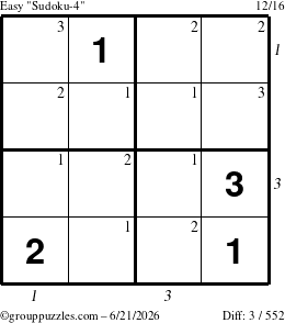 The grouppuzzles.com Easy Sudoku-4 puzzle for Sunday June 21, 2026, suitable for printing, with all 3 steps marked