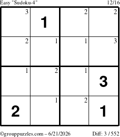 The grouppuzzles.com Easy Sudoku-4 puzzle for Sunday June 21, 2026 with the first 3 steps marked