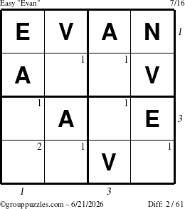 The grouppuzzles.com Easy Evan puzzle for Sunday June 21, 2026, suitable for printing, with all 2 steps marked