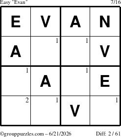 The grouppuzzles.com Easy Evan puzzle for Sunday June 21, 2026 with the first 2 steps marked