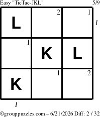The grouppuzzles.com Easy TicTac-JKL puzzle for Sunday June 21, 2026 with all 2 steps marked