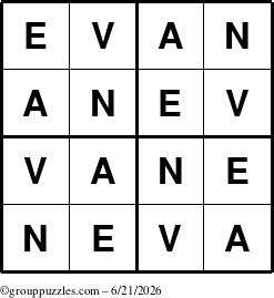 The grouppuzzles.com Answer grid for the Evan puzzle for Sunday June 21, 2026