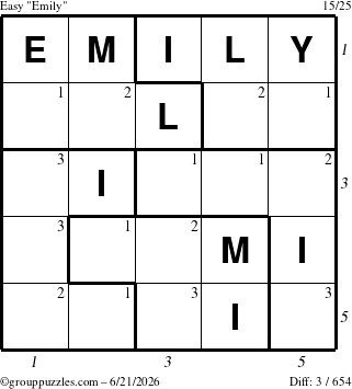 The grouppuzzles.com Easy Emily puzzle for Sunday June 21, 2026 with all 3 steps marked