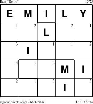 The grouppuzzles.com Easy Emily puzzle for Sunday June 21, 2026 with the first 3 steps marked