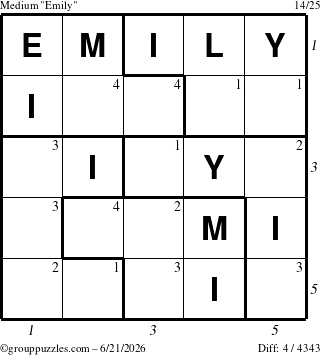 The grouppuzzles.com Medium Emily puzzle for Sunday June 21, 2026 with all 4 steps marked