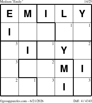 The grouppuzzles.com Medium Emily puzzle for Sunday June 21, 2026 with the first 3 steps marked