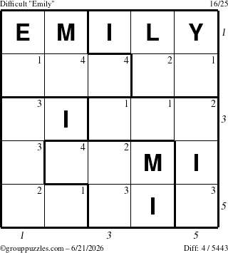 The grouppuzzles.com Difficult Emily puzzle for Sunday June 21, 2026 with all 4 steps marked