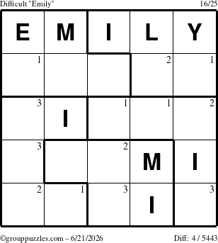 The grouppuzzles.com Difficult Emily puzzle for Sunday June 21, 2026 with the first 3 steps marked