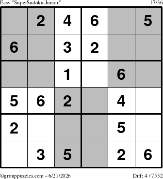 The grouppuzzles.com Easy SuperSudoku-Junior puzzle for Sunday June 21, 2026