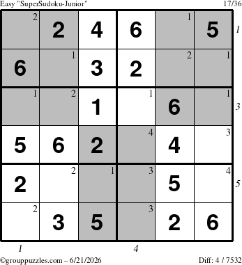 The grouppuzzles.com Easy SuperSudoku-Junior puzzle for Sunday June 21, 2026, suitable for printing, with all 4 steps marked