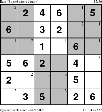 The grouppuzzles.com Easy SuperSudoku-Junior puzzle for Sunday June 21, 2026 with the first 3 steps marked