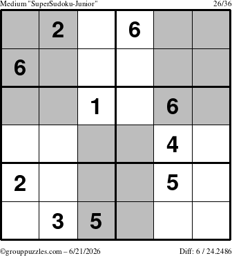 The grouppuzzles.com Medium SuperSudoku-Junior puzzle for Sunday June 21, 2026