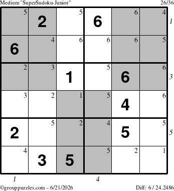 The grouppuzzles.com Medium SuperSudoku-Junior puzzle for Sunday June 21, 2026 with all 6 steps marked